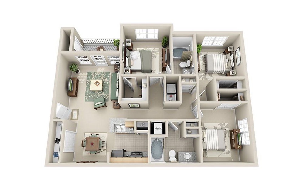 Magnolia - 3 bedroom floorplan layout with 2 bathrooms and 1172 square feet