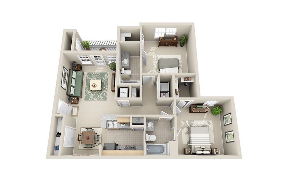 Mimosa Renovated - 2 bedroom floorplan layout with 2 bathrooms and 1012 square feet